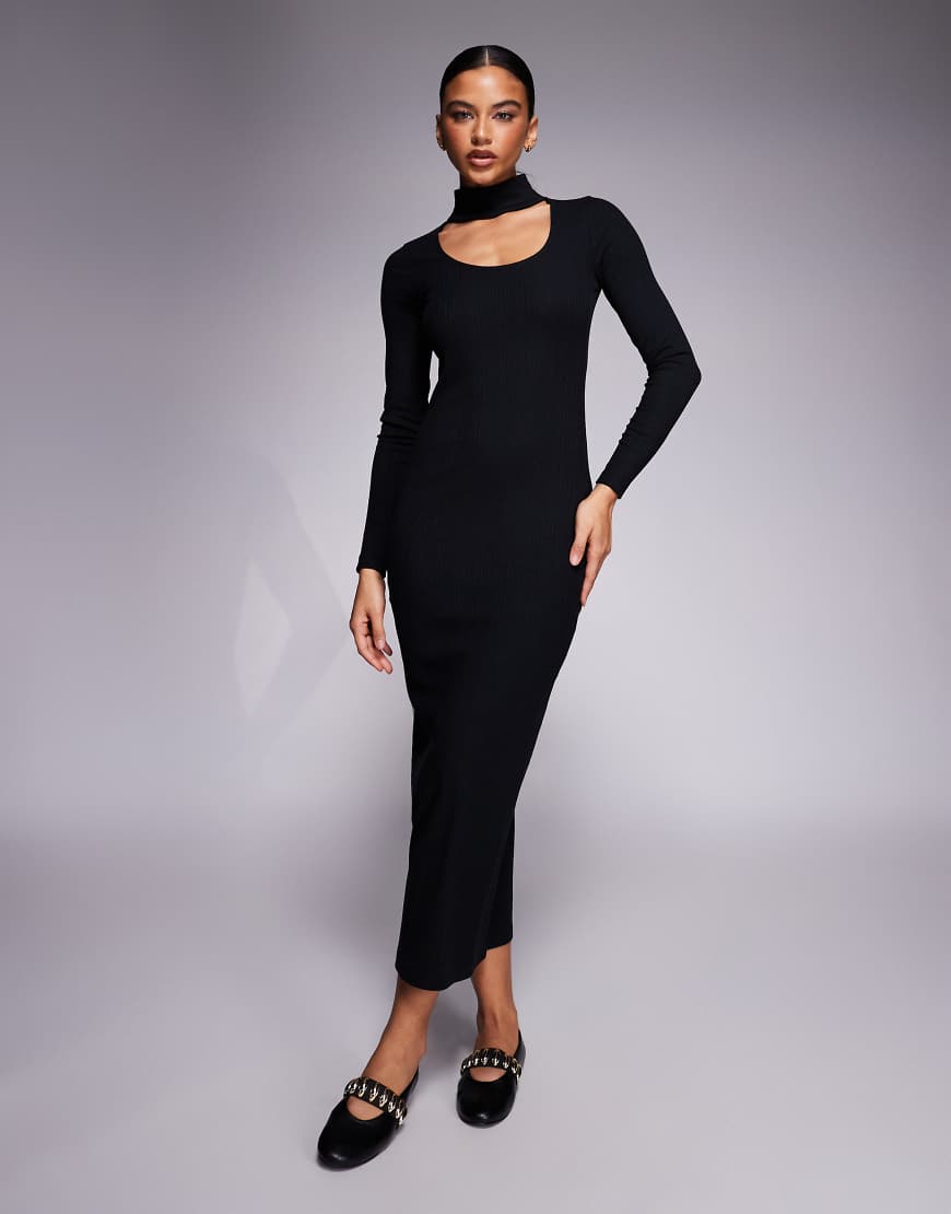 ASOS DESIGN - Geripptes, doppellagiges Midikleid in Schwarz mit Choker-Detail von ASOS DESIGN