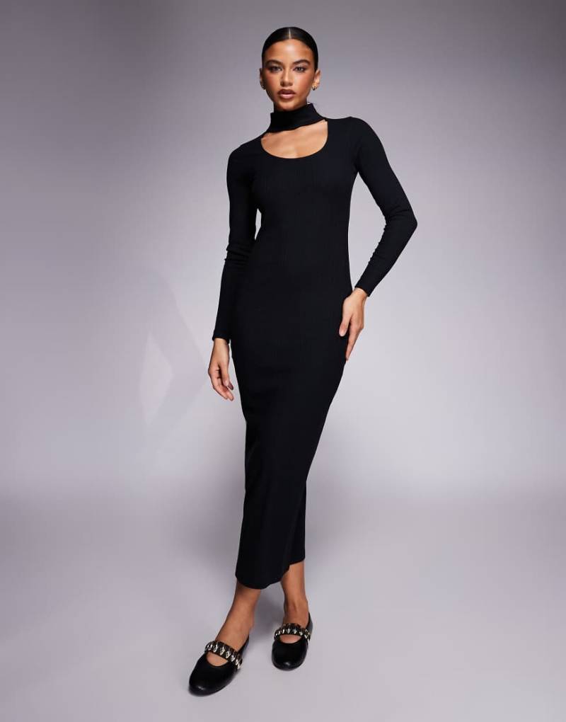 ASOS DESIGN - Geripptes, doppellagiges Midikleid in Schwarz mit Choker-Detail von ASOS DESIGN