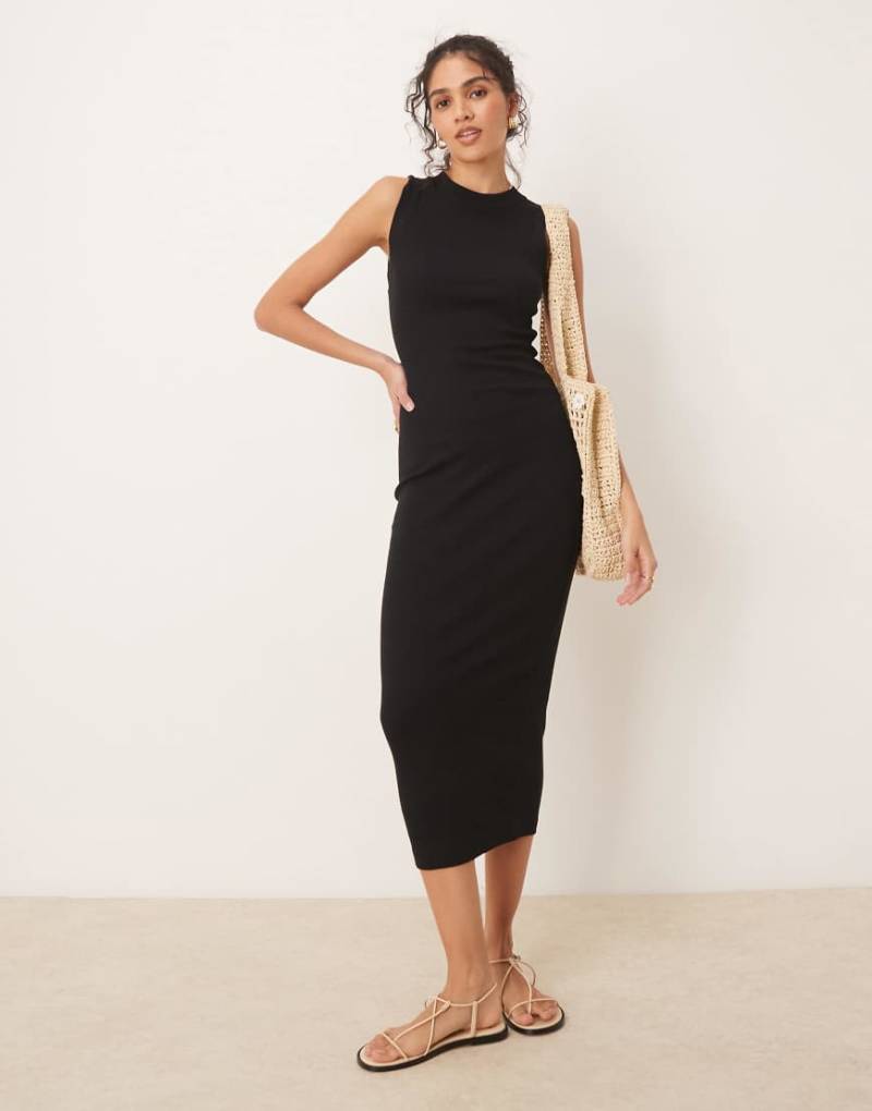 ASOS DESIGN - Geripptes, hochgeschlossenes Tanktop-Kleid in Midilänge in Schwarz im 90er-Stil von ASOS DESIGN