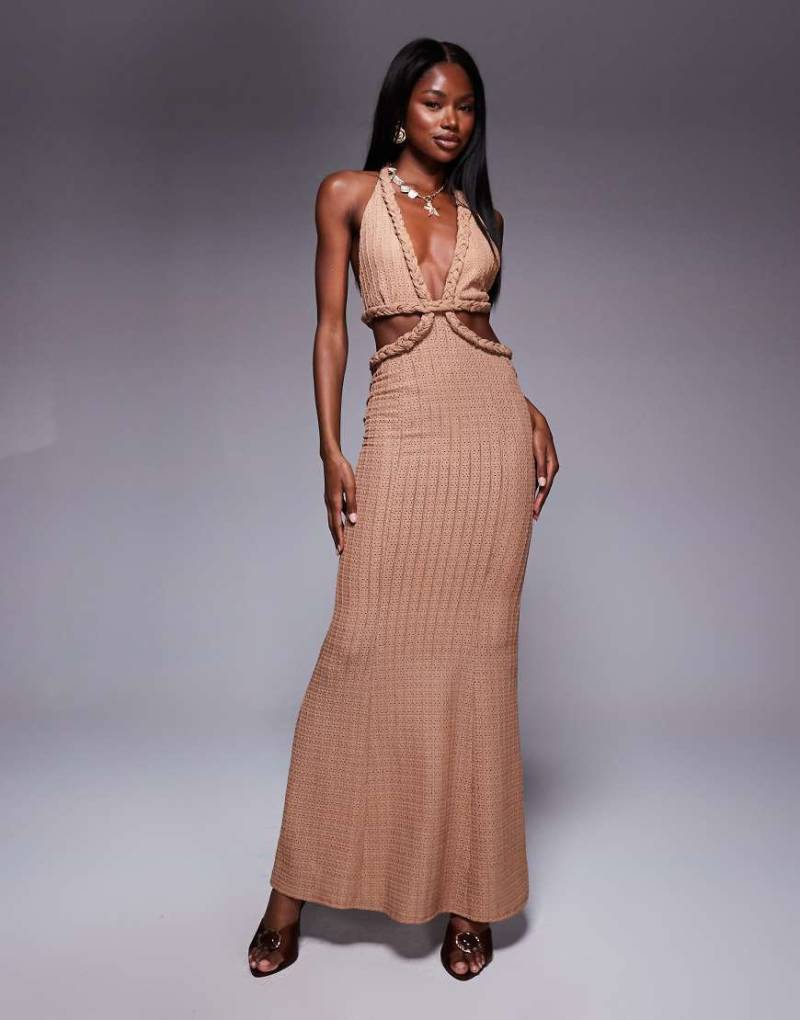 ASOS DESIGN - Geripptes, plissiertes Neckholder-Midikleid in strukturiertem Orange-Kamelbraun-Neutral ASOS DESIGN - Geripptes, plissiertes Neckholder-Midikleid in strukturiertem Orange-Kamelbraun-Neutral von ASOS DESIGN