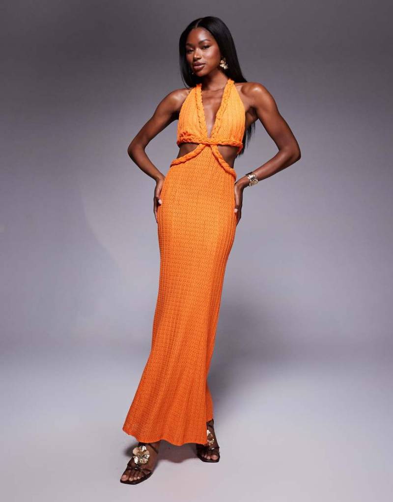 ASOS DESIGN - Geripptes, plissiertes Neckholder-Midikleid in strukturiertem Orange von ASOS DESIGN