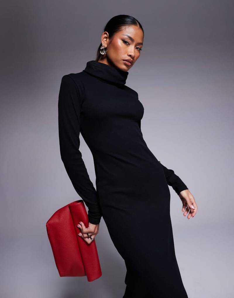 ASOS DESIGN - Geripptes, wadenlanges Kleid in Schwarz mit Rollkragen von ASOS DESIGN