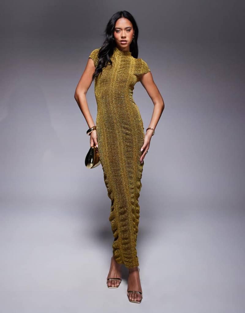 ASOS DESIGN - Geripptes Bodycon-Midikleid in Glitzer-Gold mit Kappärmeln-Goldfarben von ASOS DESIGN