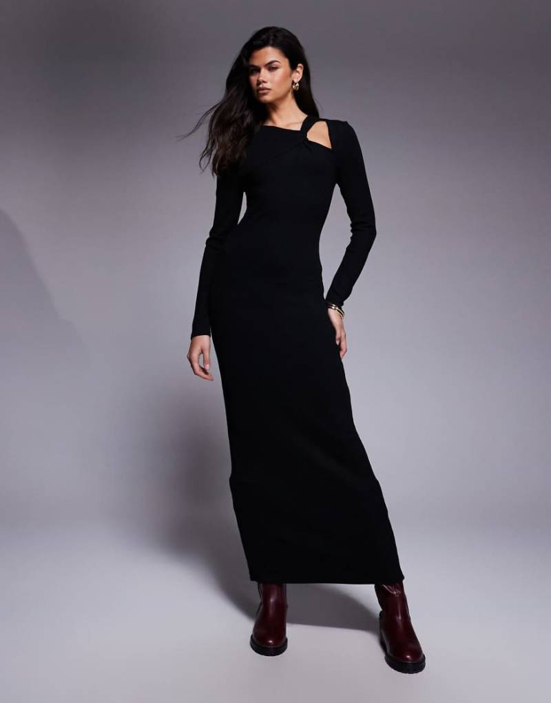 ASOS DESIGN - Geripptes Maxikleid in Schwarz mit asymmetrischem Ausschnitt und Knotendetail-Brown von ASOS DESIGN