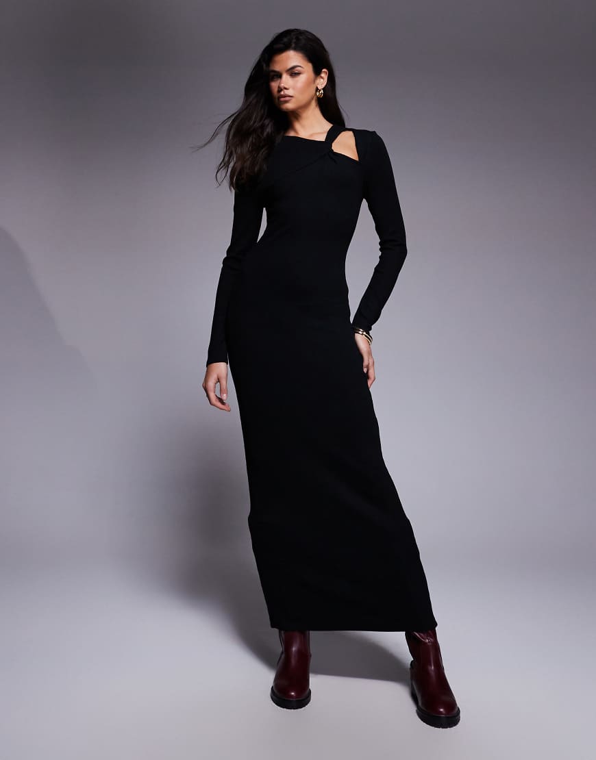 ASOS DESIGN - Geripptes Maxikleid in Schwarz mit asymmetrischem Ausschnitt und Knotendetail-Brown von ASOS DESIGN