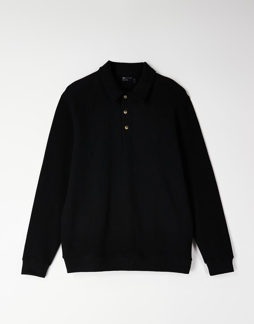 ASOS DESIGN- Geripptes Sweatshirt in Schwarz mit Polokragen von ASOS DESIGN