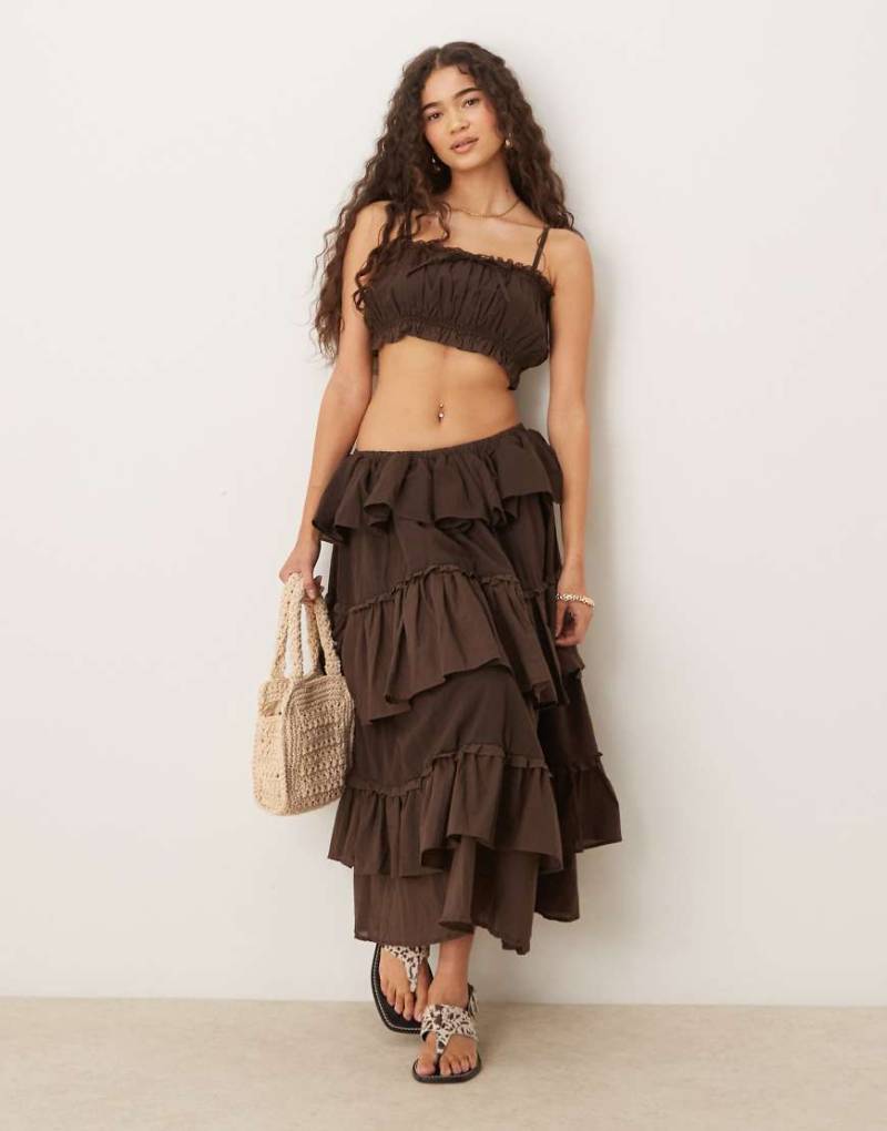 ASOS DESIGN - Gerüschter Western-Maxirock in Schokobraun aus Baumwolle, Kombiteil von ASOS DESIGN