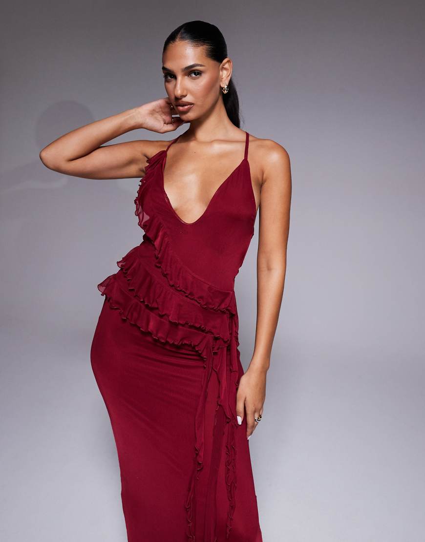 ASOS DESIGN - Gerüschtes Maxikleid in Pflaume mit Schnürung hinten-Lila von ASOS DESIGN