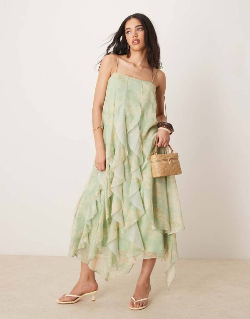 ASOS DESIGN - Gerüschtes Maxikleid in Salbeigrün mit Blumenprint und Bindeträgern-Bunt von ASOS DESIGN