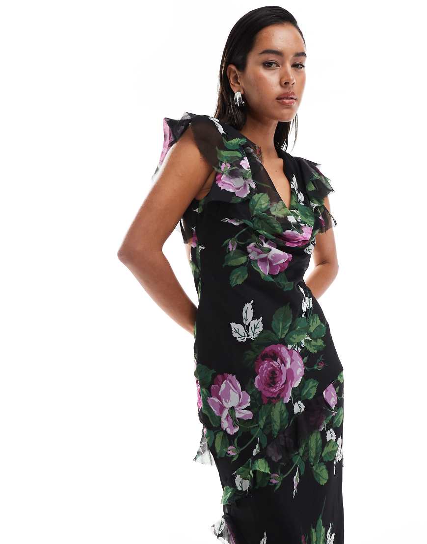 ASOS DESIGN - Gerüschtes Midikleid in Schwarz mit Wasserfallausschnitt, Blumenmuster und Rüschenärmeln-Bunt von ASOS DESIGN