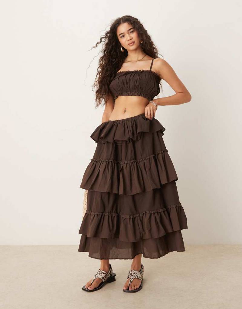 ASOS DESIGN - Gerüschtes Western-Oberteil in Cropped-Passform in Schokobraun aus Baumwolle, Kombiteil von ASOS DESIGN