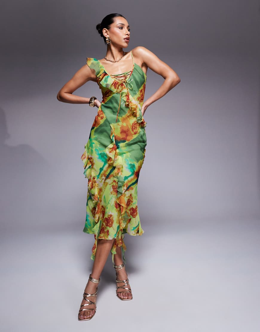 ASOS DESIGN - Geschnürtes Camisole-Midikleid mit Rüschen, tiefem Ausschnitt und abstraktem Blumenmuster-Bunt von ASOS DESIGN