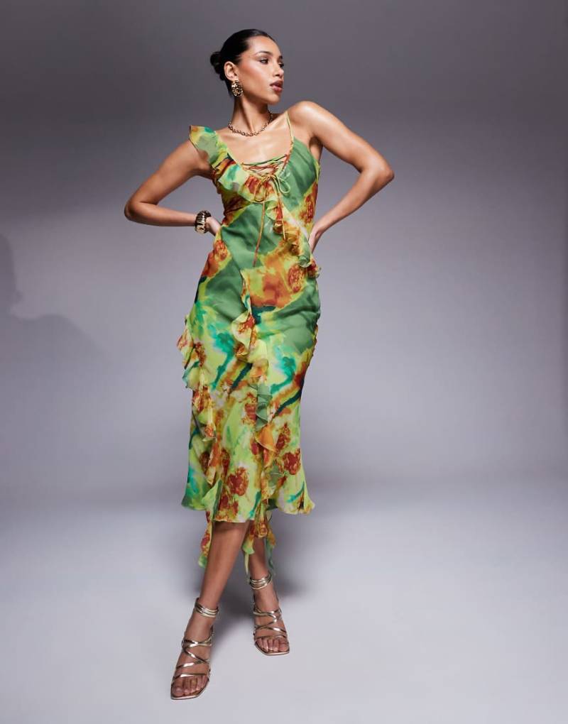 ASOS DESIGN - Geschnürtes Camisole-Midikleid mit Rüschen, tiefem Ausschnitt und abstraktem Blumenmuster-Bunt von ASOS DESIGN