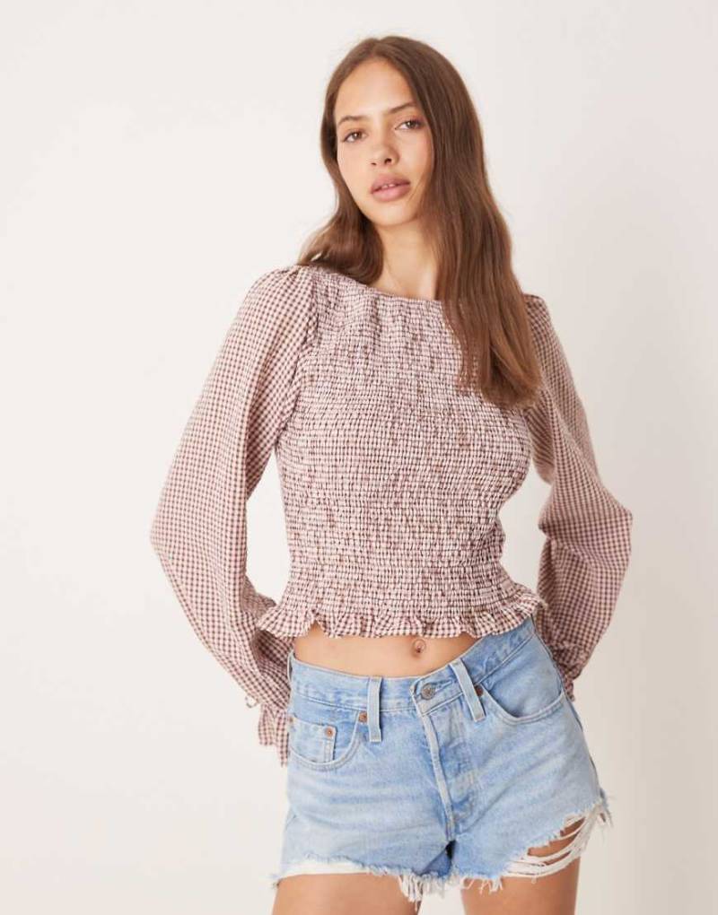 ASOS DESIGN - Gesmokte Baumwoll-Bluse in Rosa mit Vichy-Karos von ASOS DESIGN