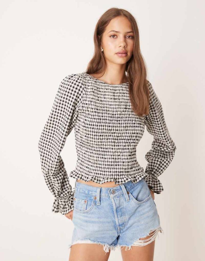 ASOS DESIGN - Gesmokte Baumwoll-Bluse mit Vichy-Karos in Schwarz-Weiß-Bunt von ASOS DESIGN