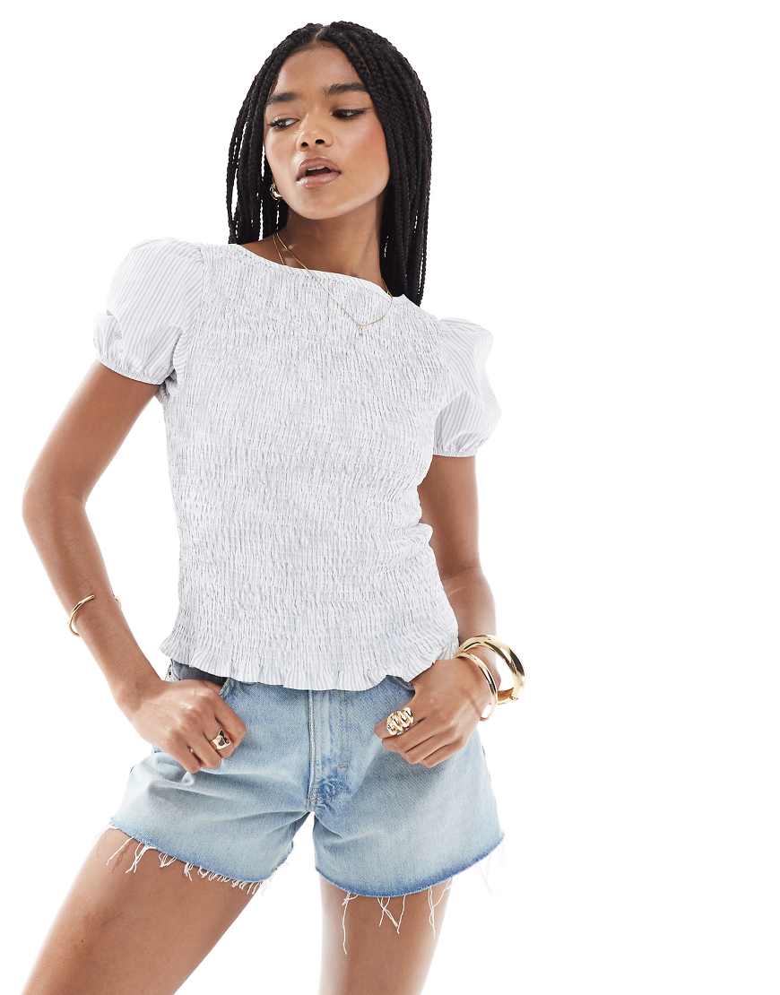 ASOS DESIGN - Gesmokte Bluse in blau gestreift mit Puffärmeln-Bunt von ASOS DESIGN