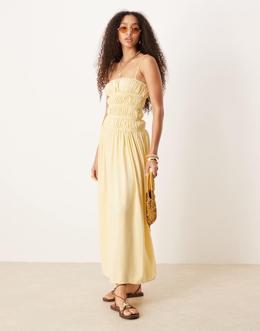 ASOS DESIGN - Gesmoktes Maxikleid aus Leinenmix in Buttermilch-Gelb ASOS DESIGN - Gesmoktes Maxikleid aus Leinenmix in Buttermilch-Gelb von ASOS DESIGN