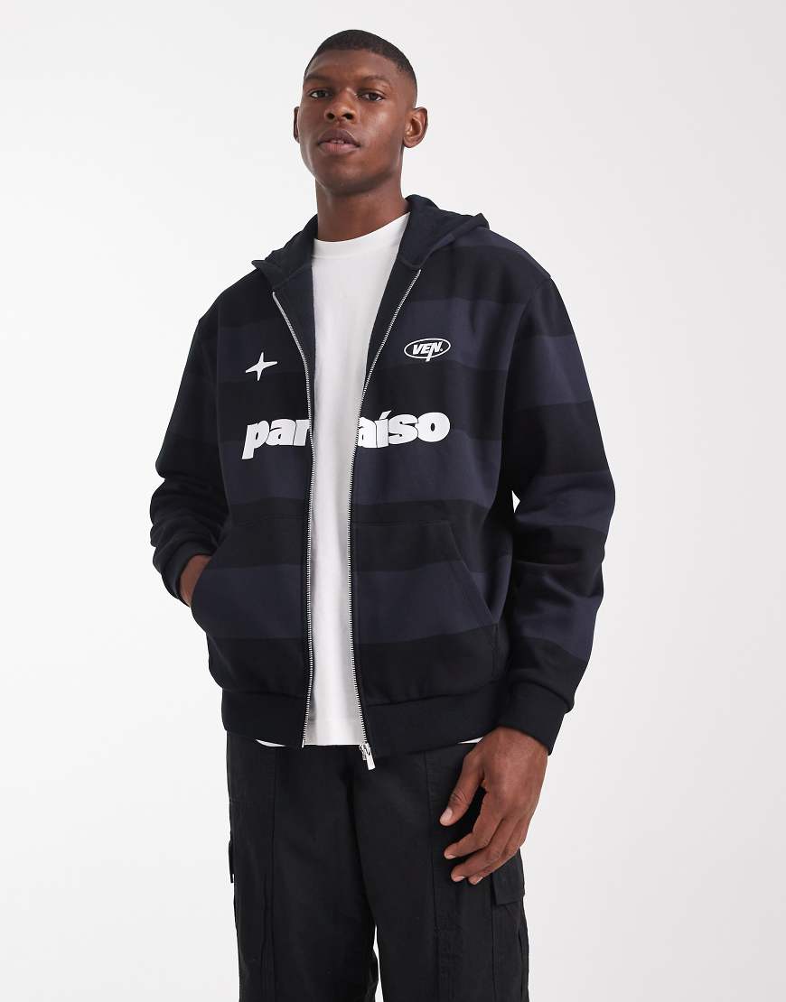 ASOS DESIGN - Gestreifte Kapuzenjacke in Marineblau mit Print-Grau von ASOS DESIGN