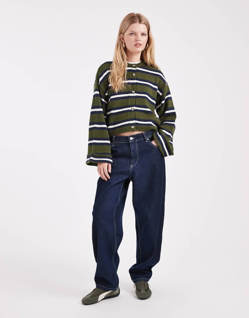 ASOS DESIGN - Gestreifte Strickjacke in Khaki mit umgeschlagenem Bündchen-Bunt von ASOS DESIGN