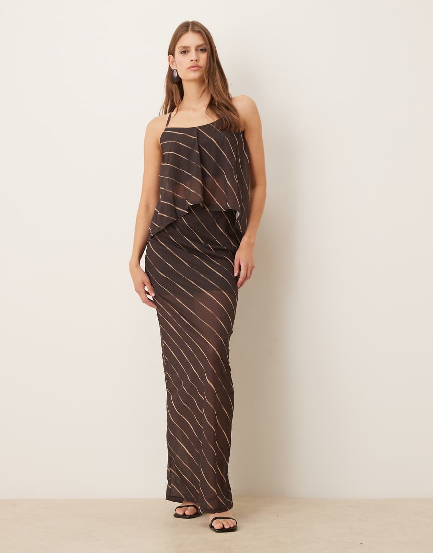 ASOS DESIGN - Maxirock aus transparentem Netzstoff in dunklem Schokobraun mit Streifen, Kombiteil-Brown von ASOS DESIGN