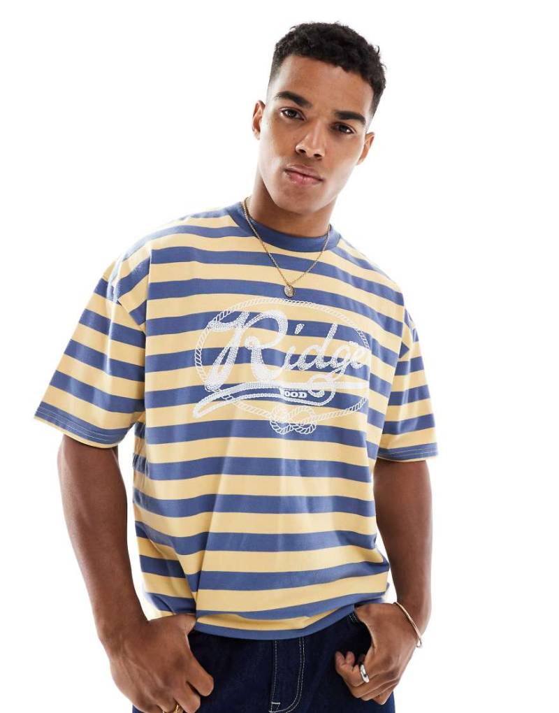 ASOS DESIGN - Gestreiftes Boxy Fit Oversize-T-Shirt in Sand und Blau mit Front-Grafik-Gelb von ASOS DESIGN