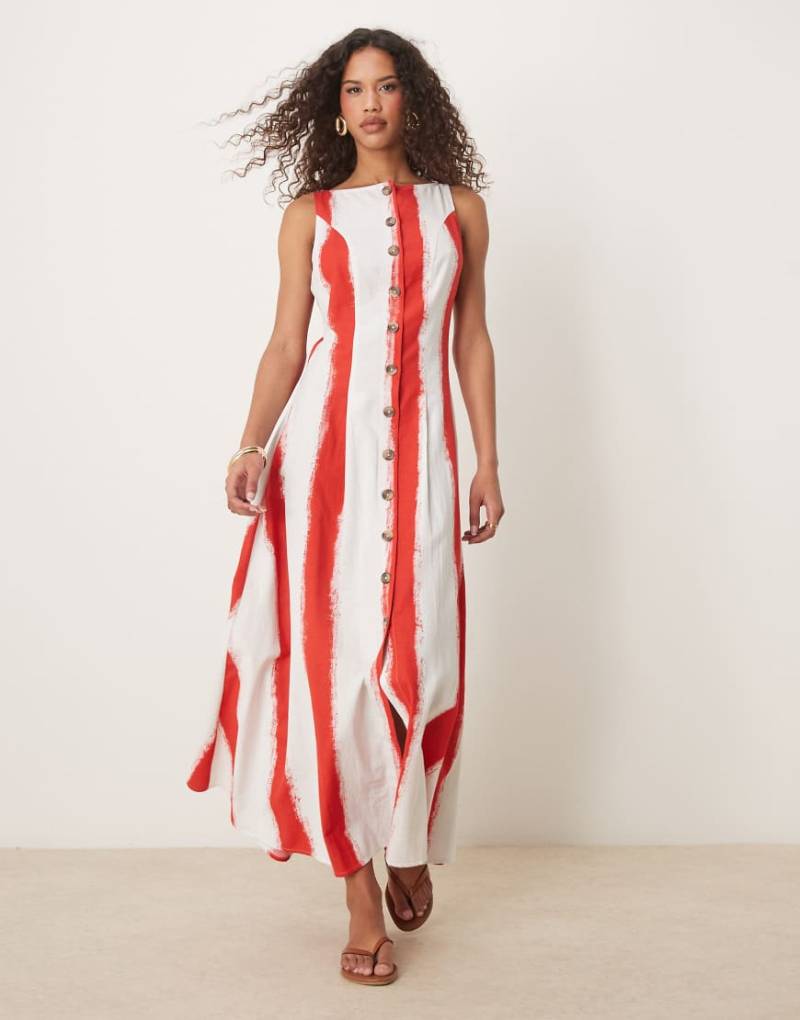 ASOS DESIGN - Gestreiftes Maxikleid im Westenstil mit Knopfleiste und U-Boot-Ausschnitt-Bunt von ASOS DESIGN