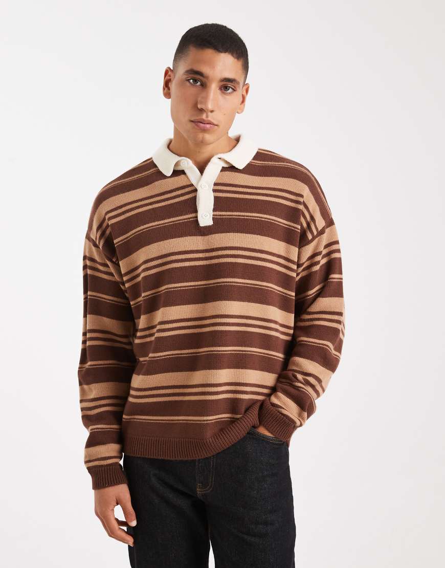 ASOS DESIGN - Gestreiftes Rugby-Polohemd aus Strick in Braun und Taupe mit lockerem Schnitt-Bunt von ASOS DESIGN