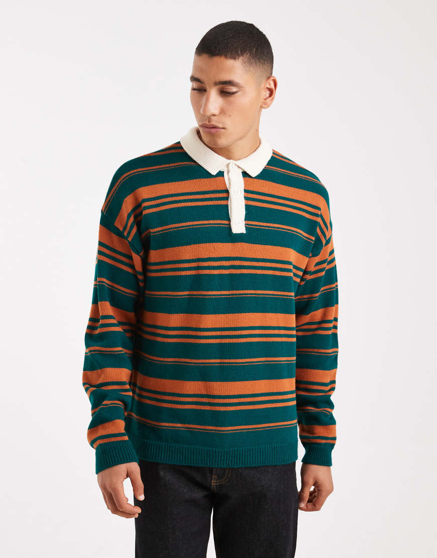 ASOS DESIGN - Gestreiftes Rugby-Polohemd aus Strick in Grün und Orange mit lockerem Schnitt-Bunt von ASOS DESIGN