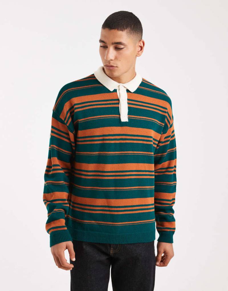 ASOS DESIGN - Gestreiftes Rugby-Polohemd aus Strick in Grün und Orange mit lockerem Schnitt-Bunt von ASOS DESIGN