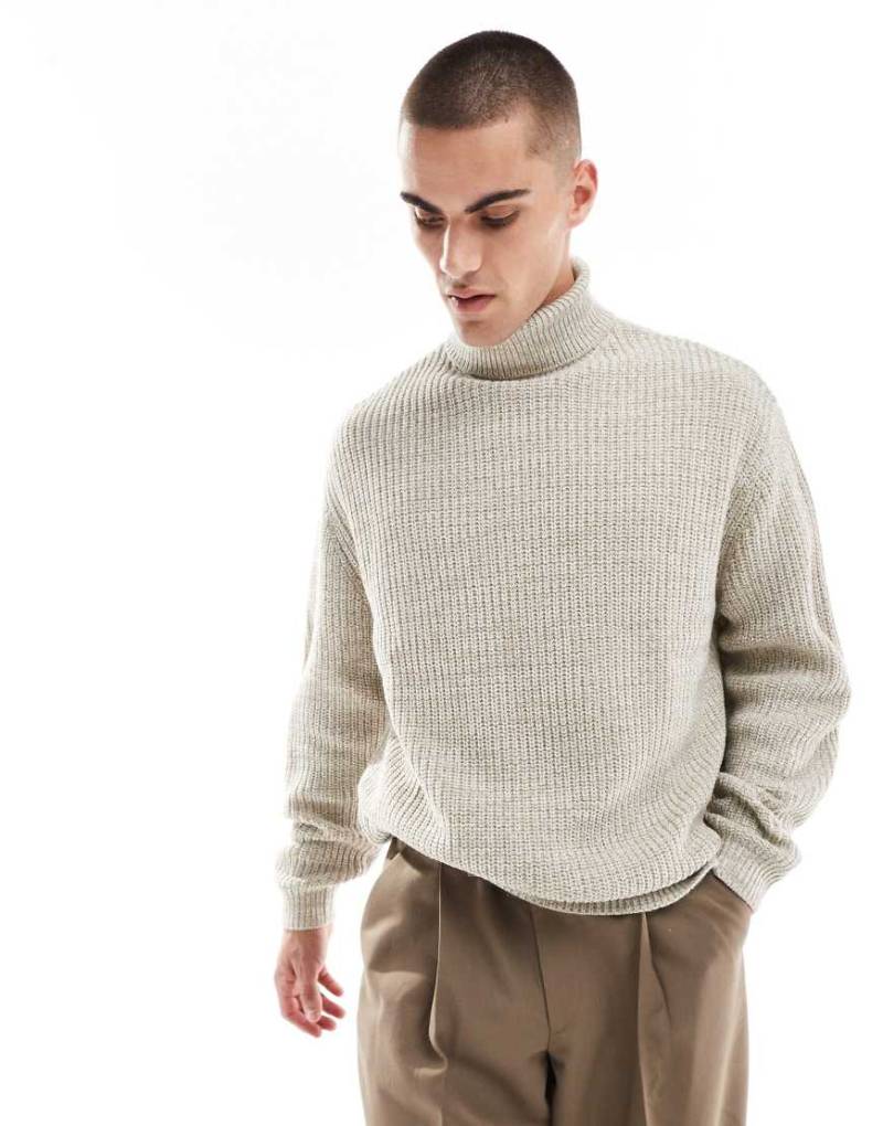 ASOS DESIGN - Gestrickter Oversize-Rollkragenpullover in meliertem Hellbeige mit Patentmuster-Neutral von ASOS DESIGN