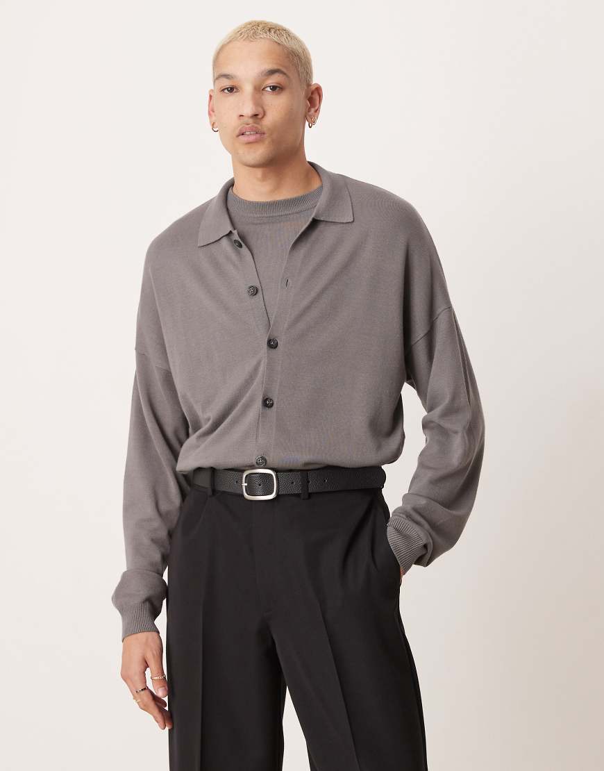 ASOS DESIGN - Gestricktes, langärmliges Polohemd in Grau mit Knopfleiste und lockerem Schnitt, Kombiteil von ASOS DESIGN