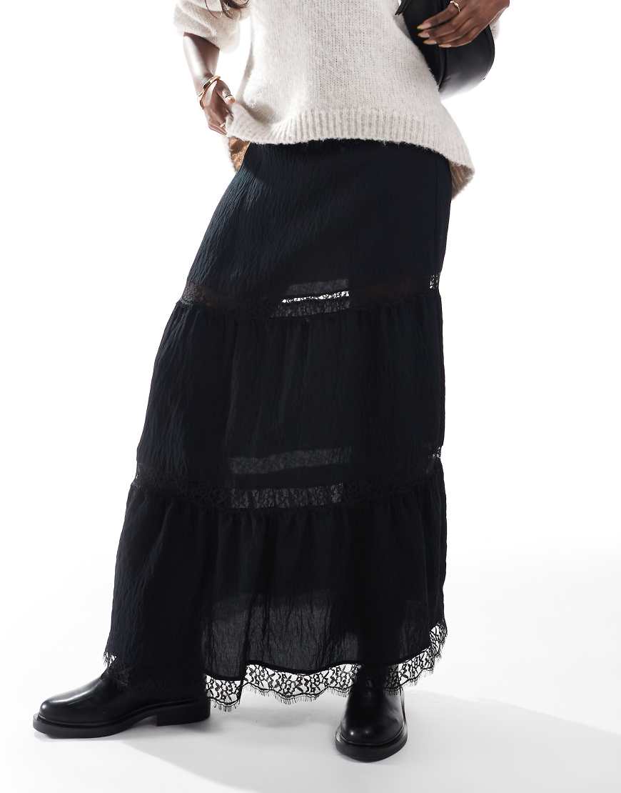 ASOS DESIGN - Gestufter Maxirock in Schwarz mit Spitzeneinsatz ASOS DESIGN - Gestufter Maxirock in Schwarz mit Spitzeneinsatz von ASOS DESIGN