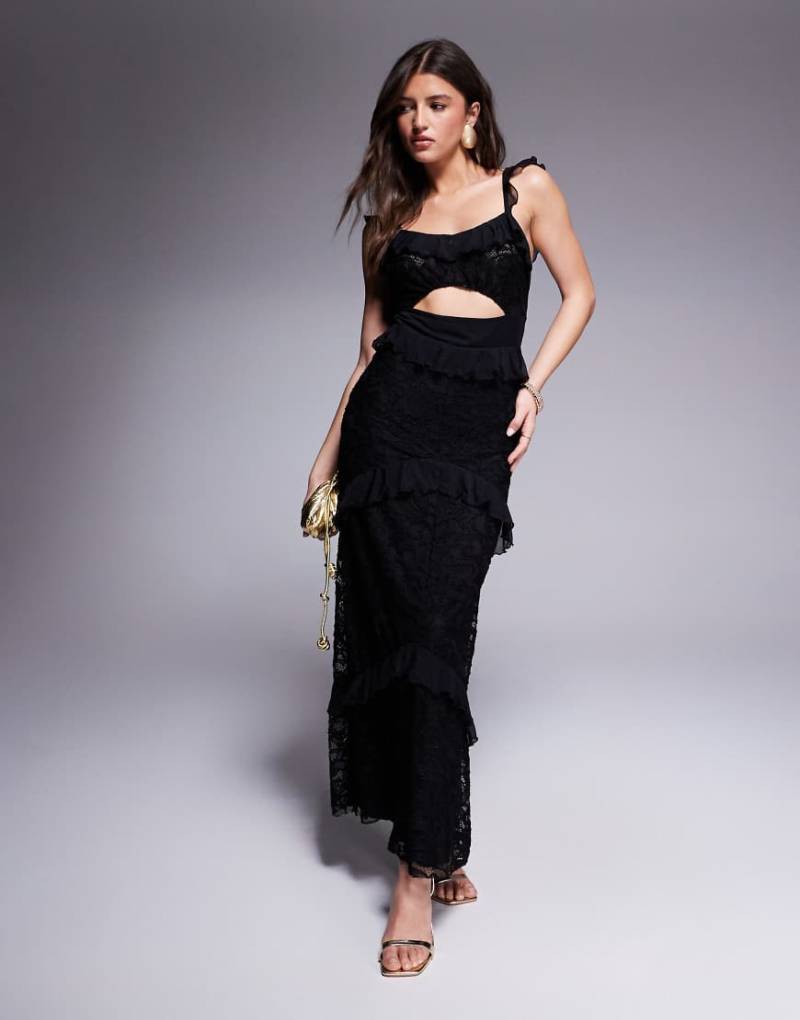 ASOS DESIGN - Gestuftes Maxikleid aus Spitze und Netzstoff in Schwarz mit Rüschen-Weiß von ASOS DESIGN