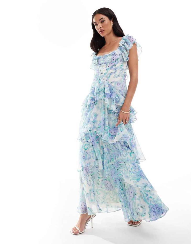 ASOS DESIGN - Gestuftes Maxikleid in Blau mit Rüschen, tiefer Taille und Blumenmuster-Bunt ASOS DESIGN - Gestuftes Maxikleid in Blau mit Rüschen, tiefer Taille und Blumenmuster-Bunt von ASOS DESIGN