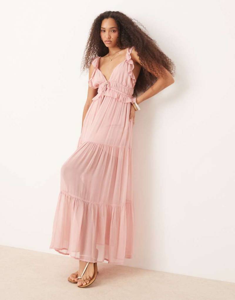 ASOS DESIGN - Gestuftes Maxikleid in Rosa mit Flatterärmeln und Schleifendetails von ASOS DESIGN