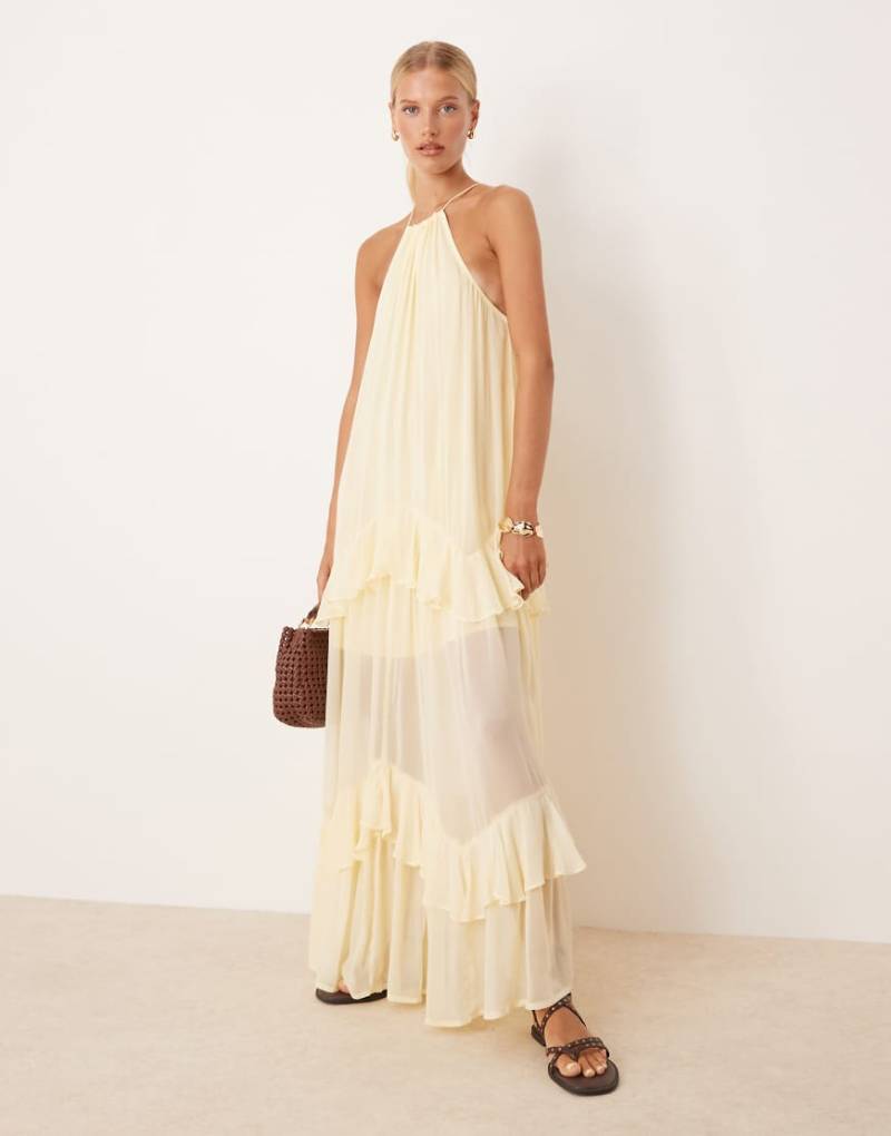 ASOS DESIGN - Gestuftes Neckholder-Maxikleid in Zitronengelb mit Rüschen von ASOS DESIGN