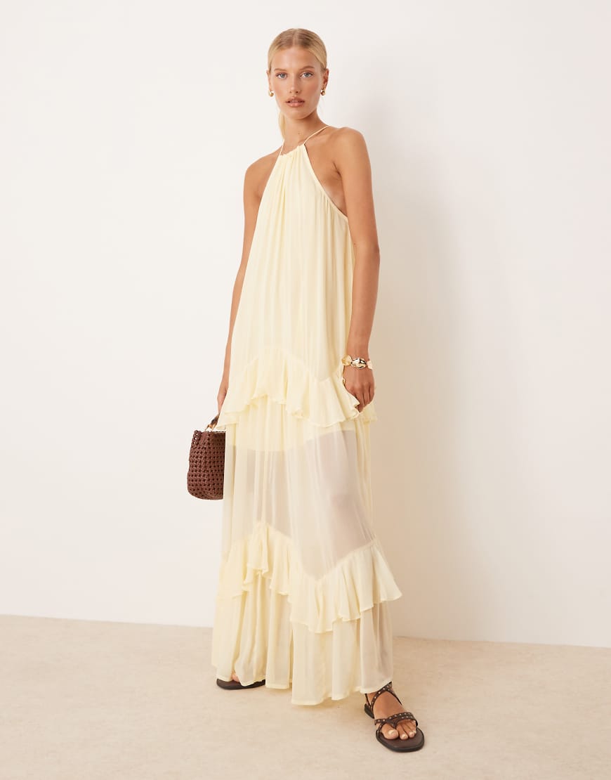ASOS DESIGN - Gestuftes Neckholder-Maxikleid in Zitronengelb mit Rüschen von ASOS DESIGN