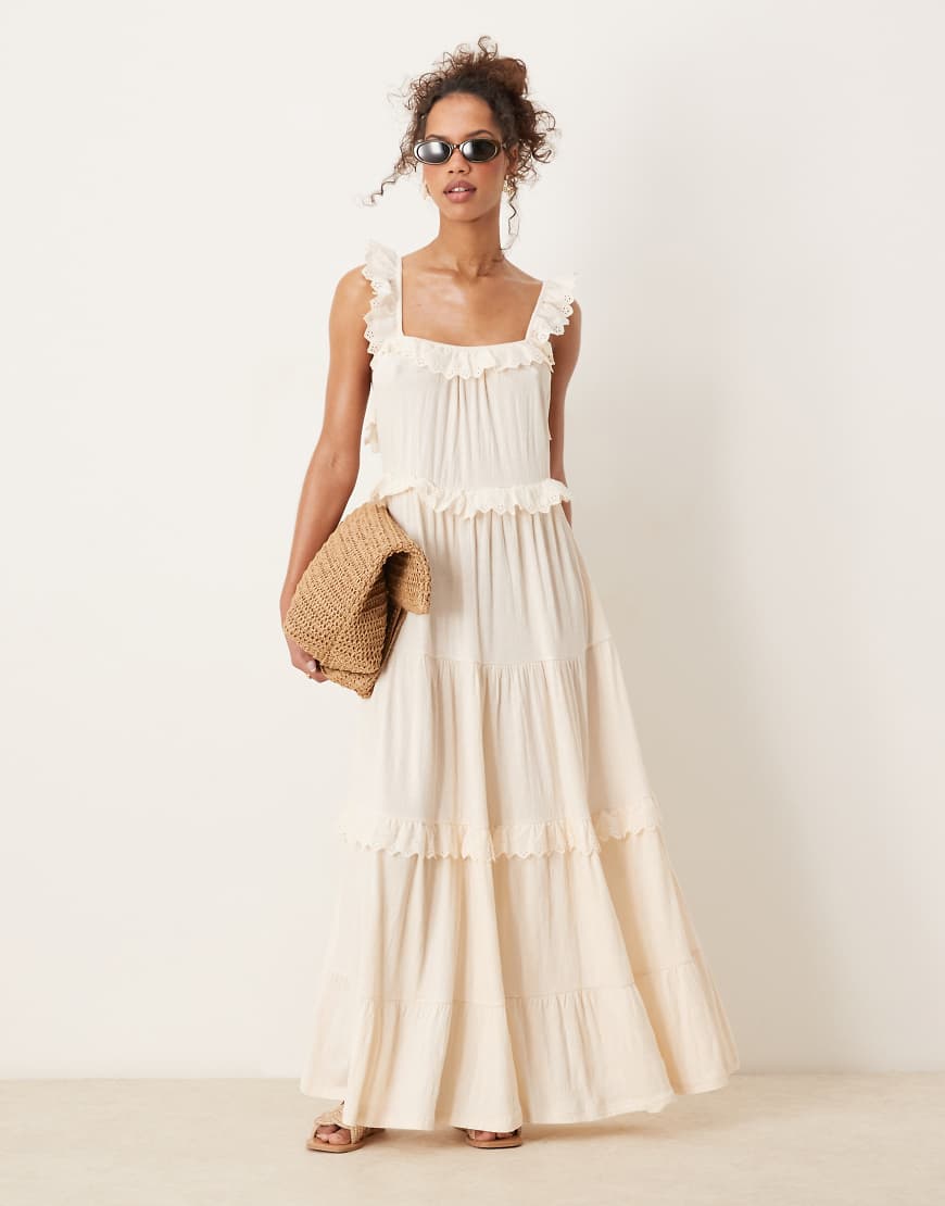 ASOS DESIGN - Gestuftes schwingendes Maxikleid in Weiß mit Spitzeneinsatz und Rüschen ASOS DESIGN - Gestuftes schwingendes Maxikleid in Weiß mit Spitzeneinsatz und Rüschen von ASOS DESIGN