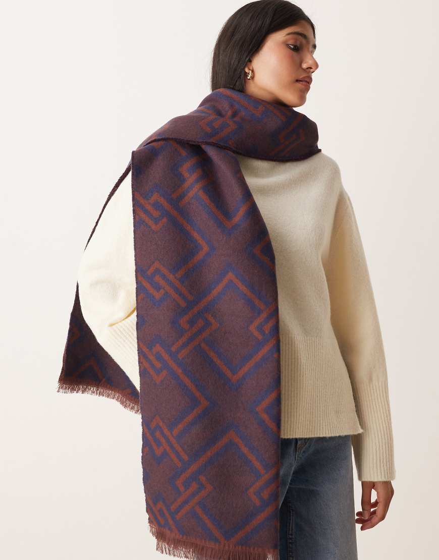 ASOS DESIGN - Gewebter Jacquard-Schal mit Monogramm-Muster in Braun und Marineblau-Bunt von ASOS DESIGN