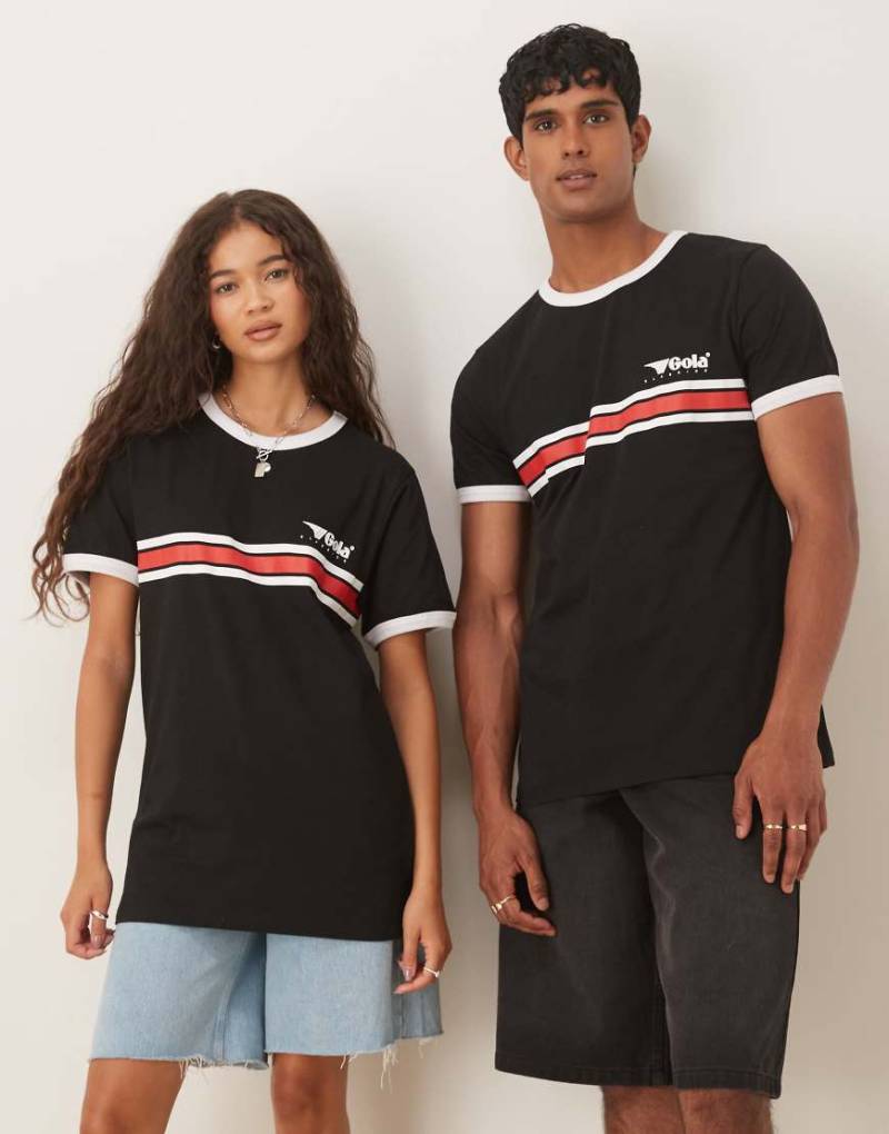 ASOS DESIGN - Gola - Unisex-T-Shirt in Schwarz mit Streifendesign, Gola-Schriftzug und normaler Passform von ASOS DESIGN