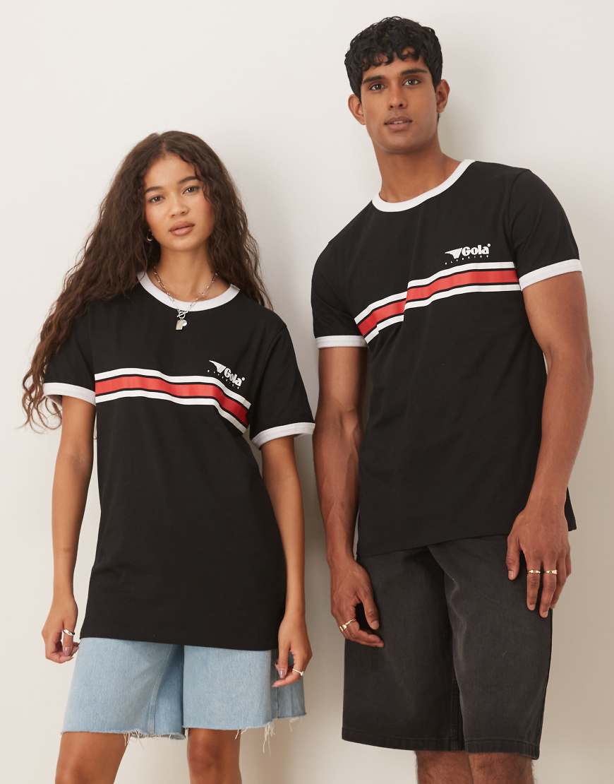 ASOS DESIGN - Gola - Unisex-T-Shirt in Schwarz mit Streifendesign, Gola-Schriftzug und normaler Passform von ASOS DESIGN