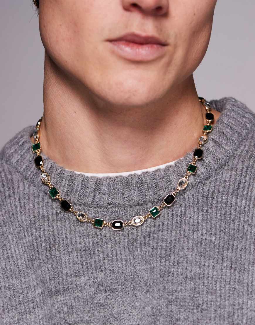 ASOS DESIGN - Goldfarbene Halskette mit Schmucksteinen in Smaragdgrün und Schwarz und Kristallen von ASOS DESIGN