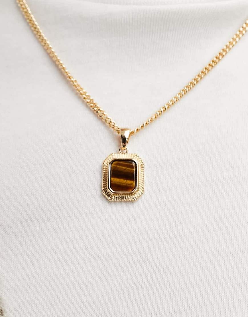 ASOS DESIGN - Goldfarbene Halskette mit eckigem Tigerauge-Halbedelstein-Anhänger von ASOS DESIGN