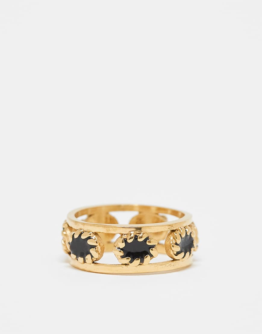ASOS DESIGN - Festival - Goldfarbener Ring aus wasserfestem Edelstahl mit Detail in Seiloptik und schwarzen Achat-Schmuckstein von ASOS DESIGN