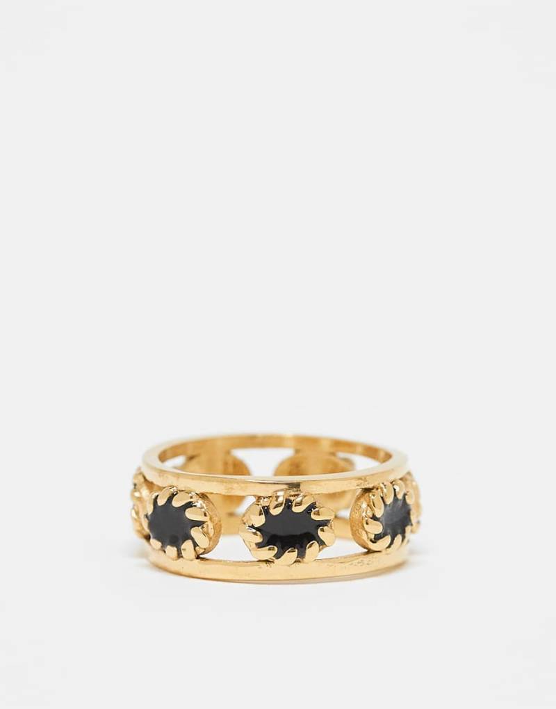 ASOS DESIGN - Festival - Goldfarbener Ring aus wasserfestem Edelstahl mit Detail in Seiloptik und schwarzen Achat-Schmuckstein von ASOS DESIGN