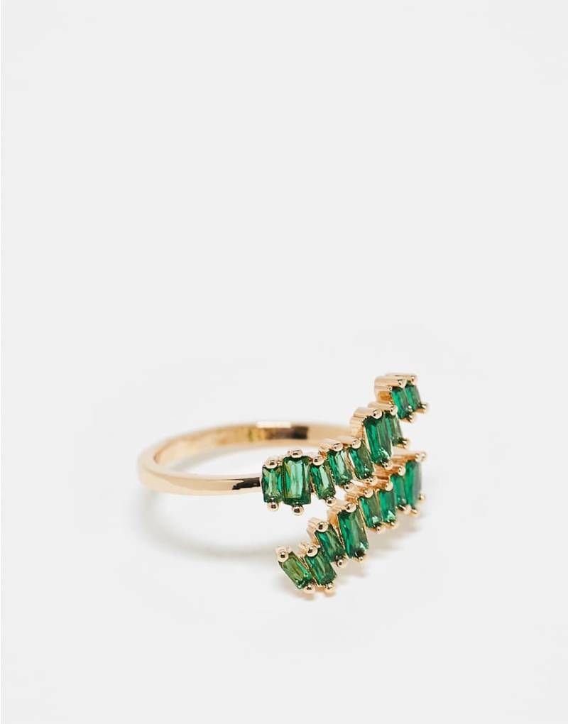 ASOS DESIGN - Goldfarbener Wickelring mit farblich abgestimmten grünen Kristallsteinen mit Baguette-Schliff von ASOS DESIGN