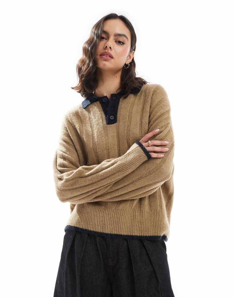 ASOS DESIGN - Grobstrick-Polohemd in Mokka mit breiter Rippenstruktur-Braun von ASOS DESIGN