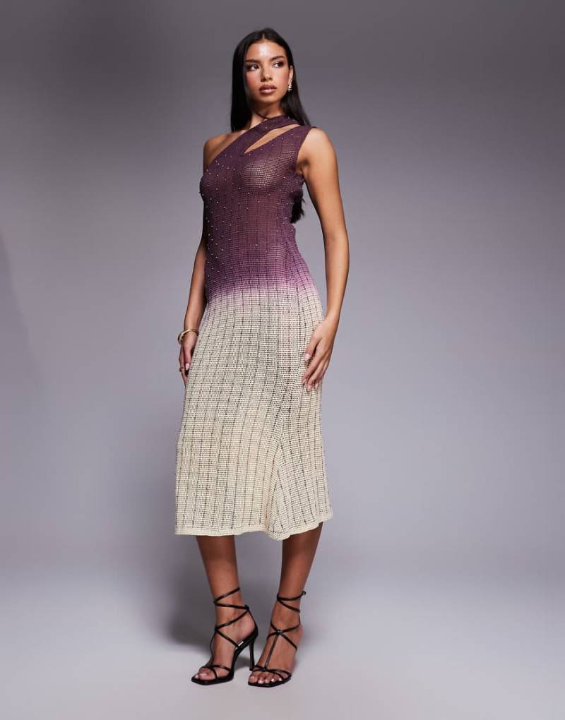 ASOS DESIGN - Häkel-Midikleid in Rosa mit Farbverlauf, Schulterschlitz und Strassverzierung-Bunt von ASOS DESIGN