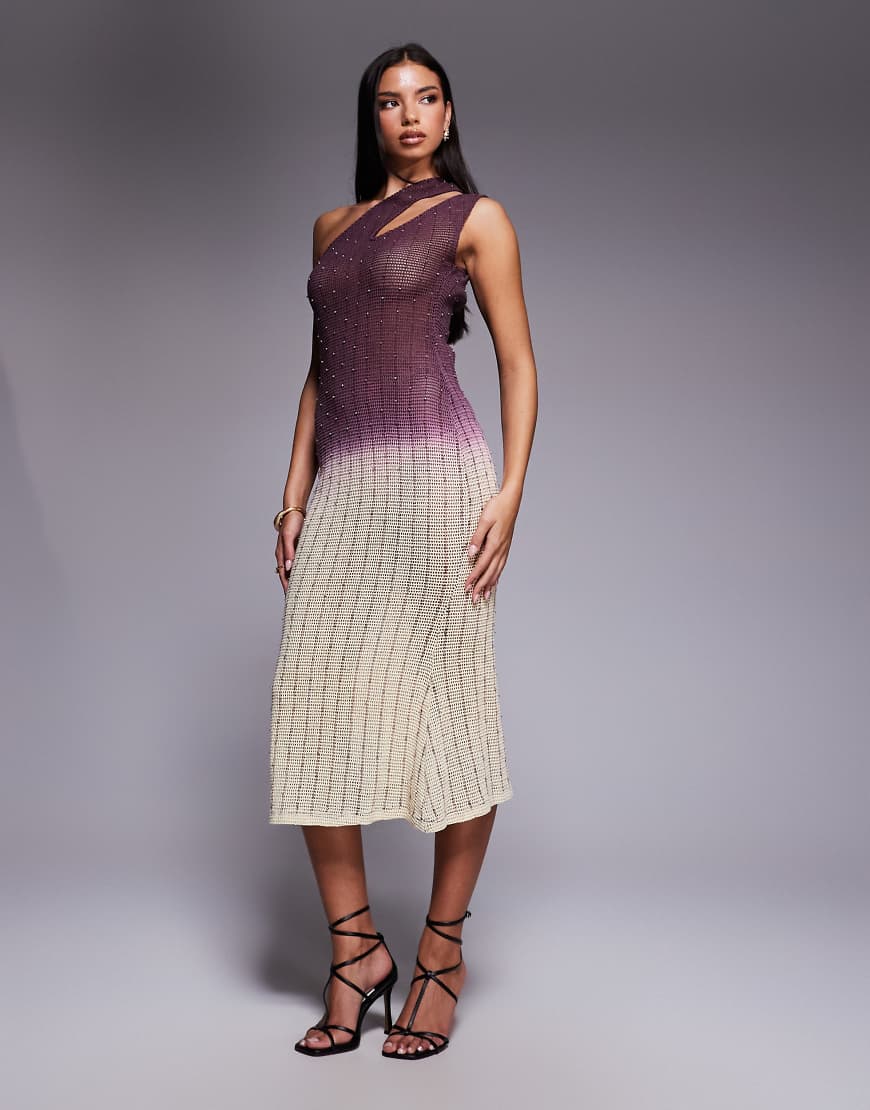 ASOS DESIGN - Häkel-Midikleid in Rosa mit Farbverlauf, Schulterschlitz und Strassverzierung-Bunt von ASOS DESIGN