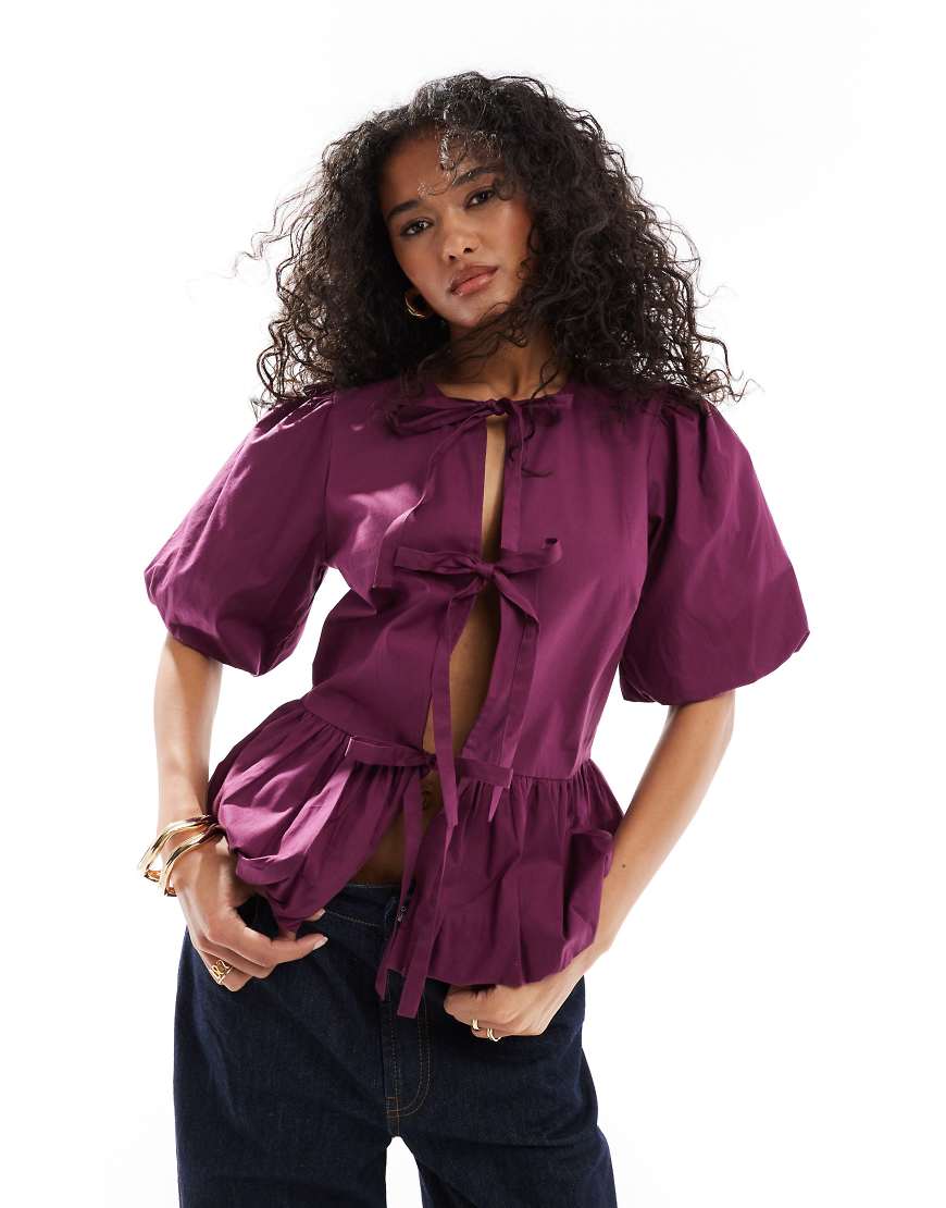 ASOS DESIGN - Hänger-Oberteil aus Baumwolle in Burgunderrot mit Puffärmeln von ASOS DESIGN